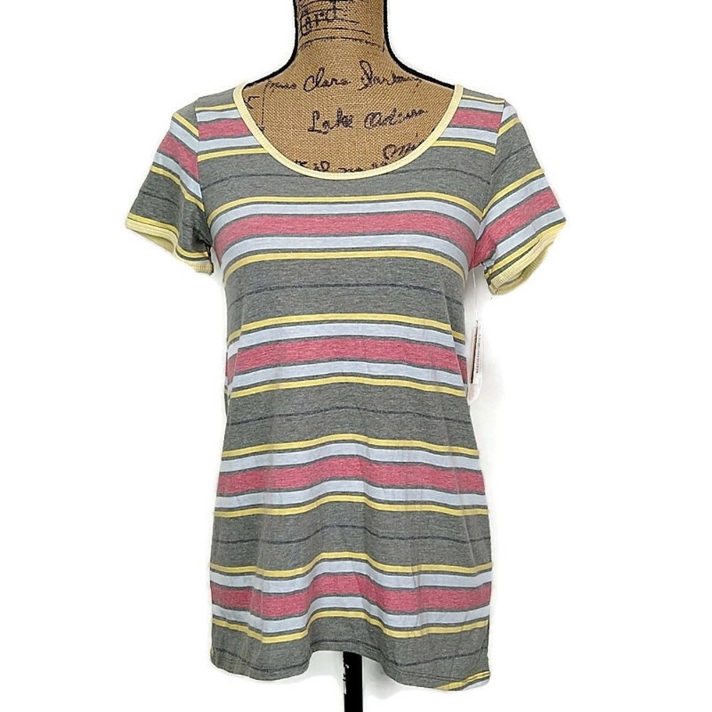 NWT LuLaRoe Classic T Women XXS Gray Pink Striped Short Sleeve Scoop Neck Top
